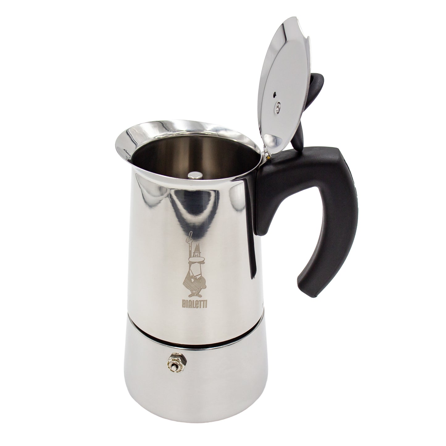 Italian made stainless steel bialetti musa 6 cup espresso coffee maker lid open