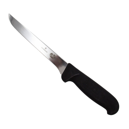 15cm long boning knife with black handle, used in salami making.