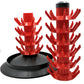 Red plastic bottle tree rack. Will hold up to 80 bottles