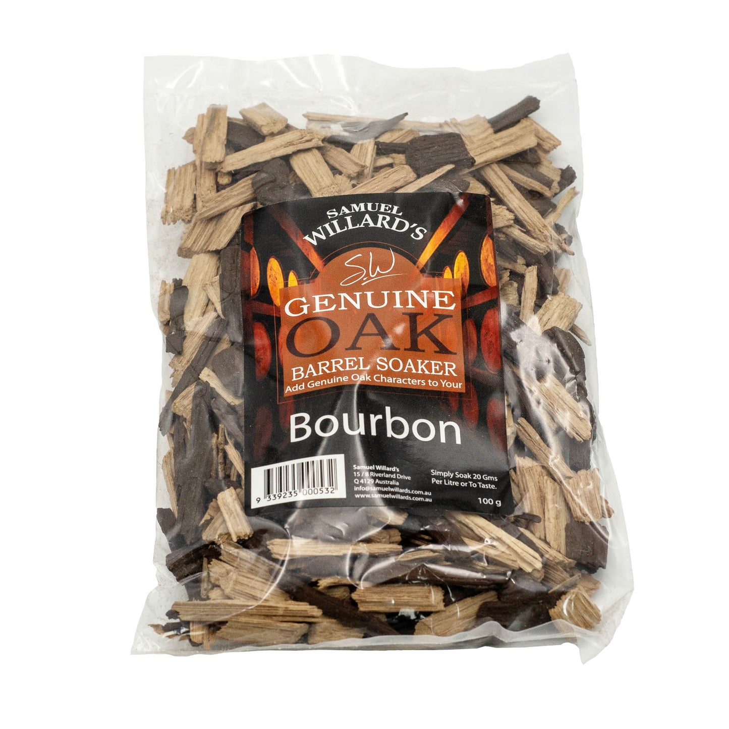 100g of genuine wood barrel chips. will addan intensified caramel colour and flavour of bourbon