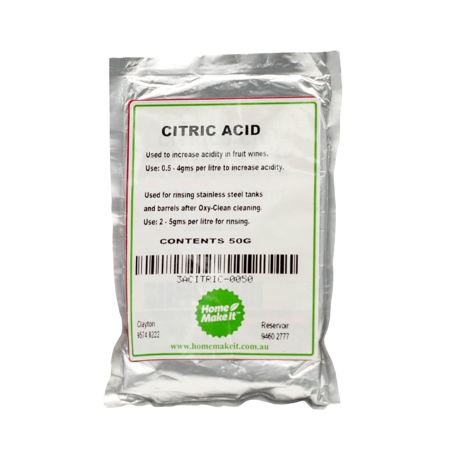 Citric acid 50 grams. Used to increasse acidity in fruit wines and for rinsing stainless steel tanks and barrels.