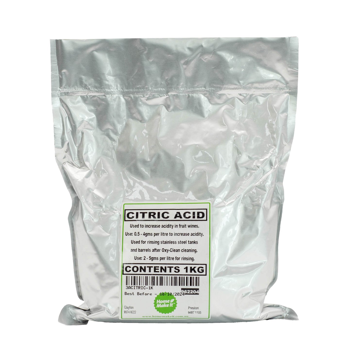 Citric Acid 1 kg. Used for increasing acidity in wines and rinsing stainless steel tanks and barrels.