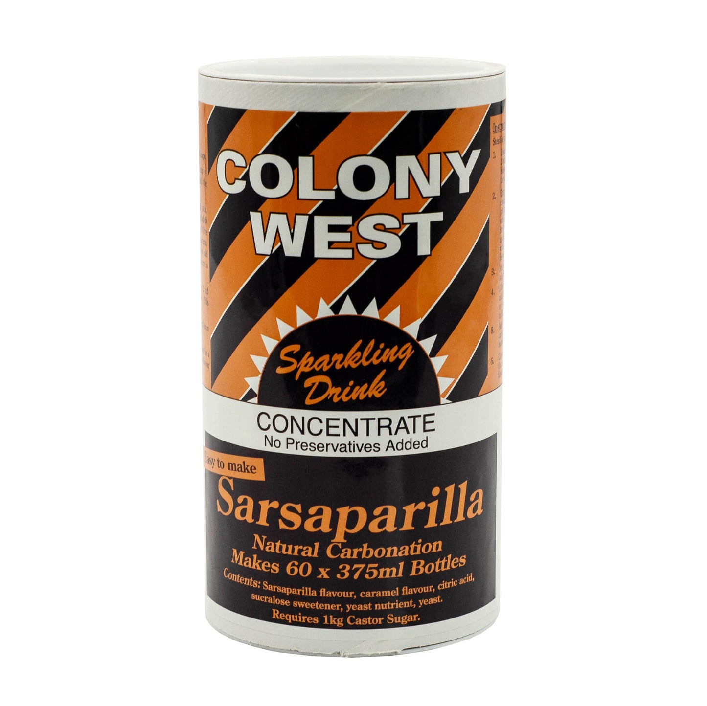 Colony west sarsaparilla concentrated brew tin. Makes up to 23 litres. 