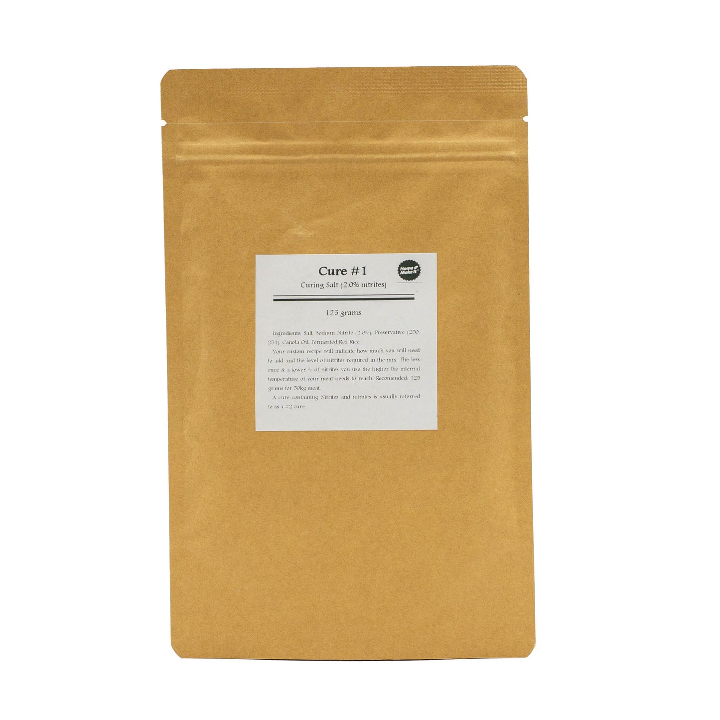 250g bag of Cure #1 with 2% nitrites required for safe processing of semi dried meats such as jerky, bacon and sausages that are heat treated in a smoker or oven.