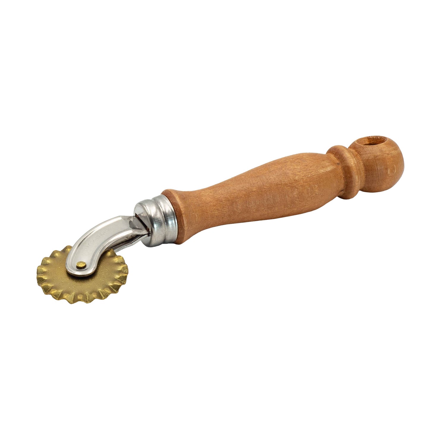 Hand held curved pastry and pasta wheel cutter with wooden handle. 