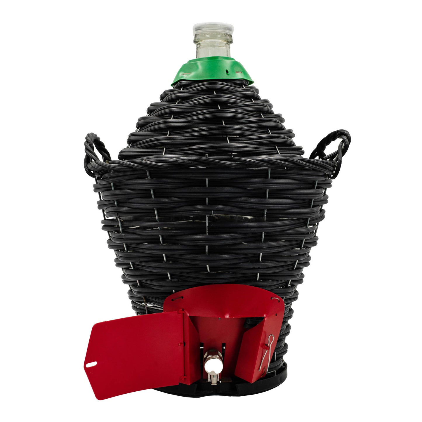 12 litre narrow neck demijohn with heavy weave basket and tap for storing and fermenting wine.