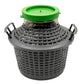 Italian made 10 litre wide neck glass demijohn with PVC basket and lid. 