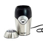 Stainless steel electric coffee grinder with clear lid. 