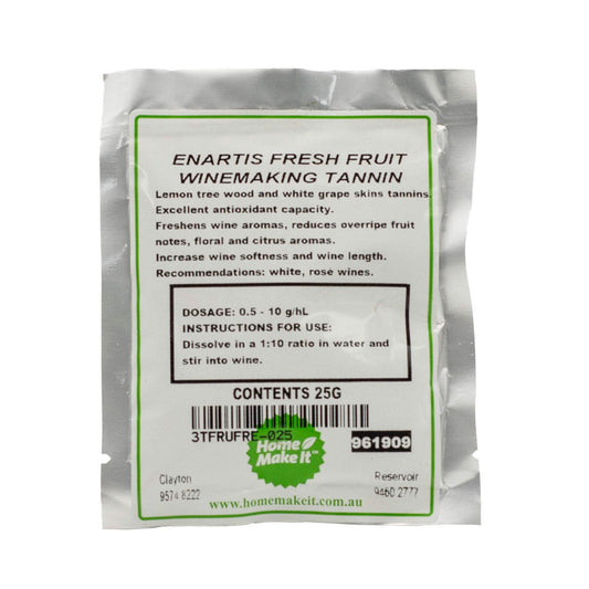 25g bag of fresh fruit winemaking tannin. Lemon tree wood and white grape skin tannin. reduces over ripe notes and has floral an citrus aromas. 