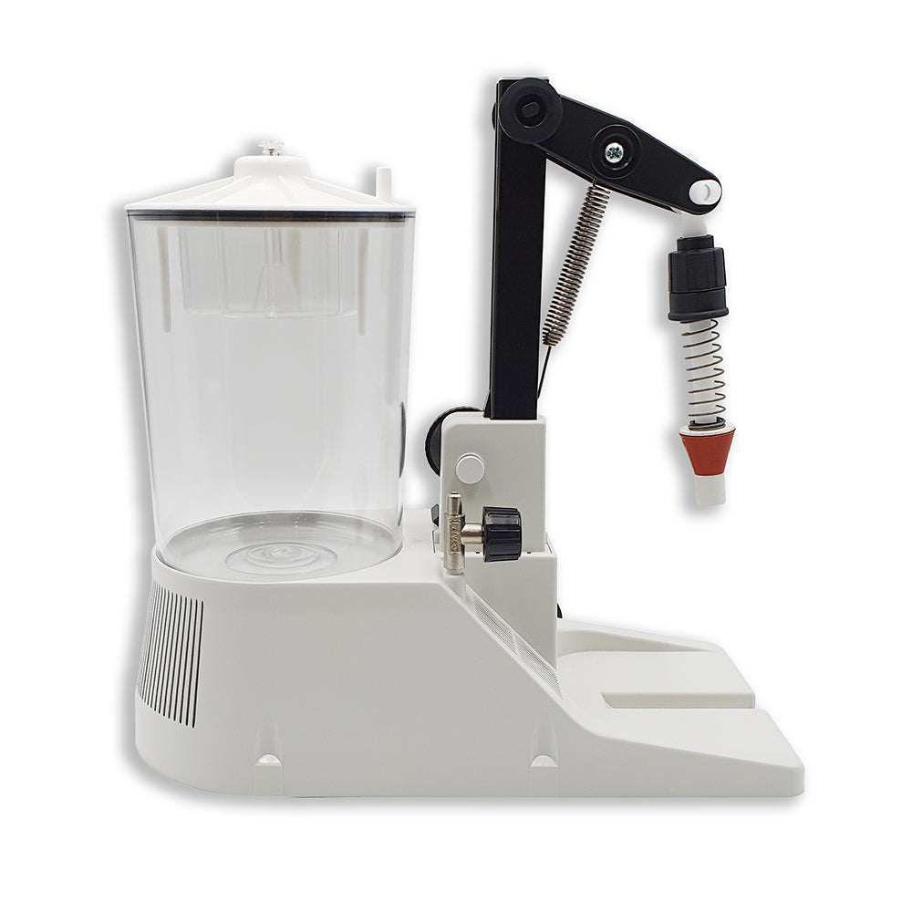 Italian made enolmatic filler for filling wine, spirits, liquor, tomato sauce, fruit juices, and other liquids with relatively high viscosity. Fills one bottle at a time. 