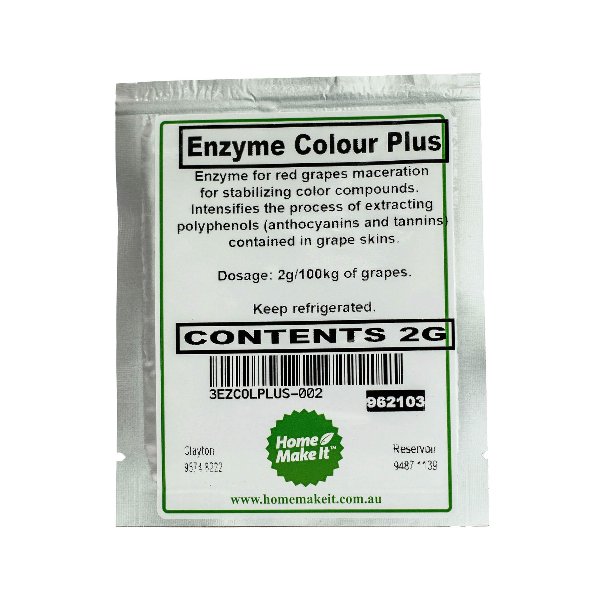 2g packet of enzyme colour plus for red wine maceration for stabilizing colour compounds. 