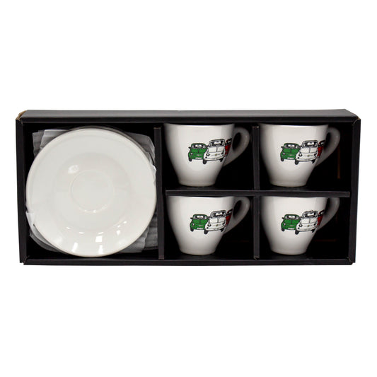 set of four Italian Made Fiat print espresso cups and saucers