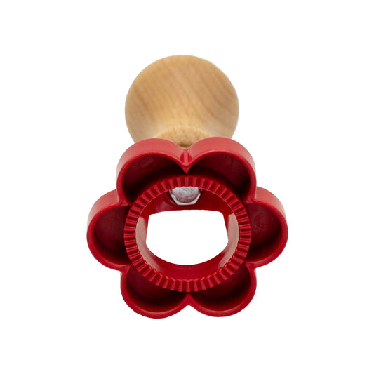 Italian made red plastic flower shape biscuit and pastry cutter with wooden handle.