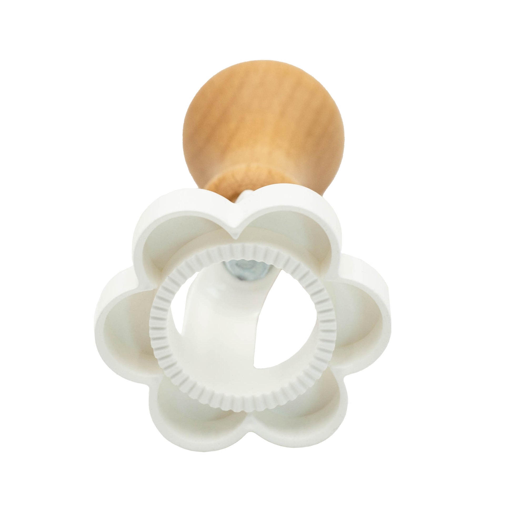 Italian made white plastic flower shape biscuit and pastry cutter with wooden handle.