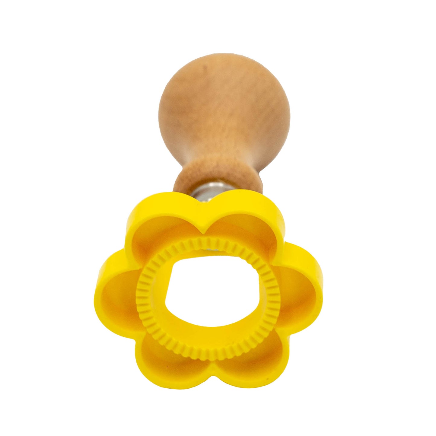 Italian made yellow plastic flower shape biscuit and pastry cutter with wooden handle.