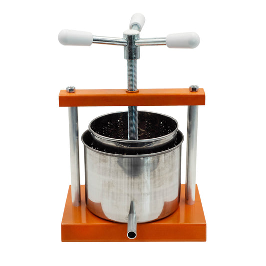 stainless steel fruit press with orange frame for pressing small batch grapes and soft fruits. 