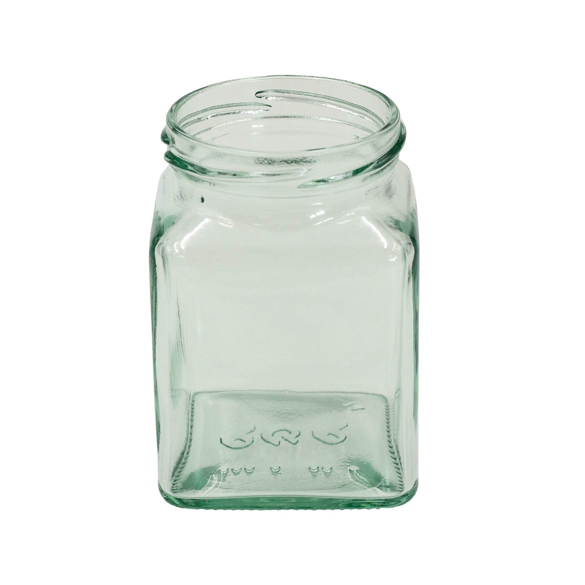 270ml square flint glass jar with 63mm screw cap opening. 