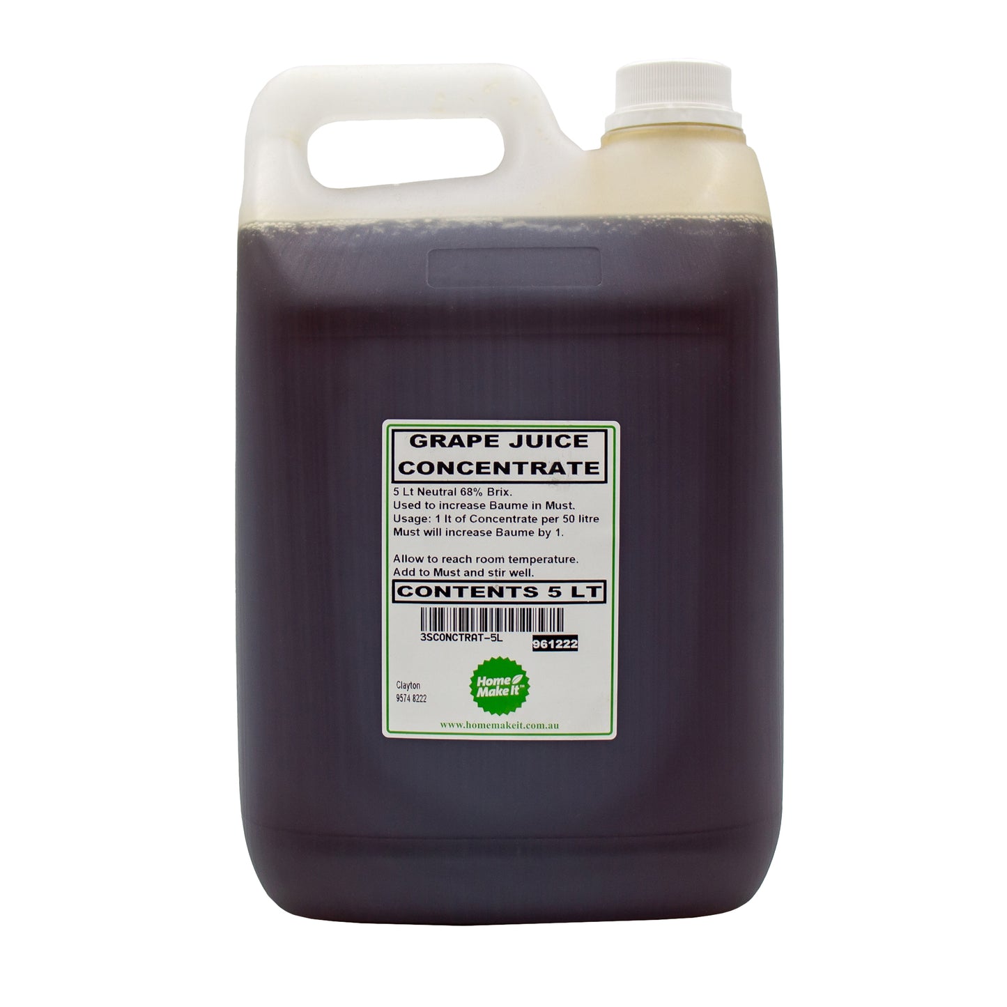 5 litre bottle of grape juice Used at the start of ferment to increase the alcohol potential or prior bottling to add final sweetness and mouth feel to the wine you're making.