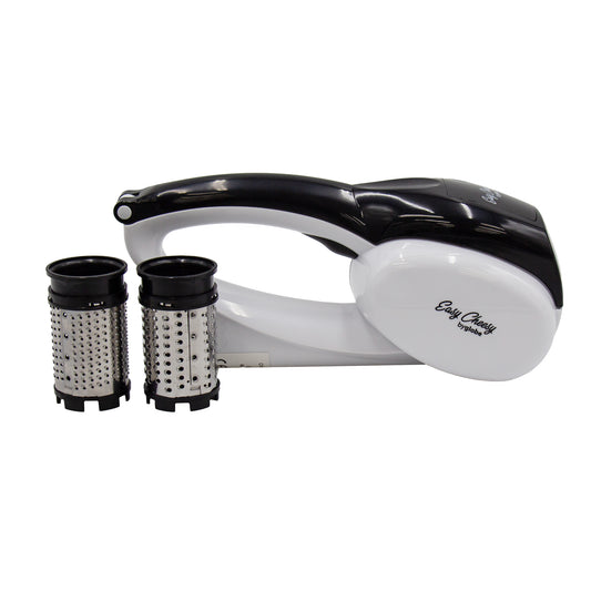 White and black plastic electric hand held cheese grater with two stainless steel cylinder drum graters and rechargeable battery