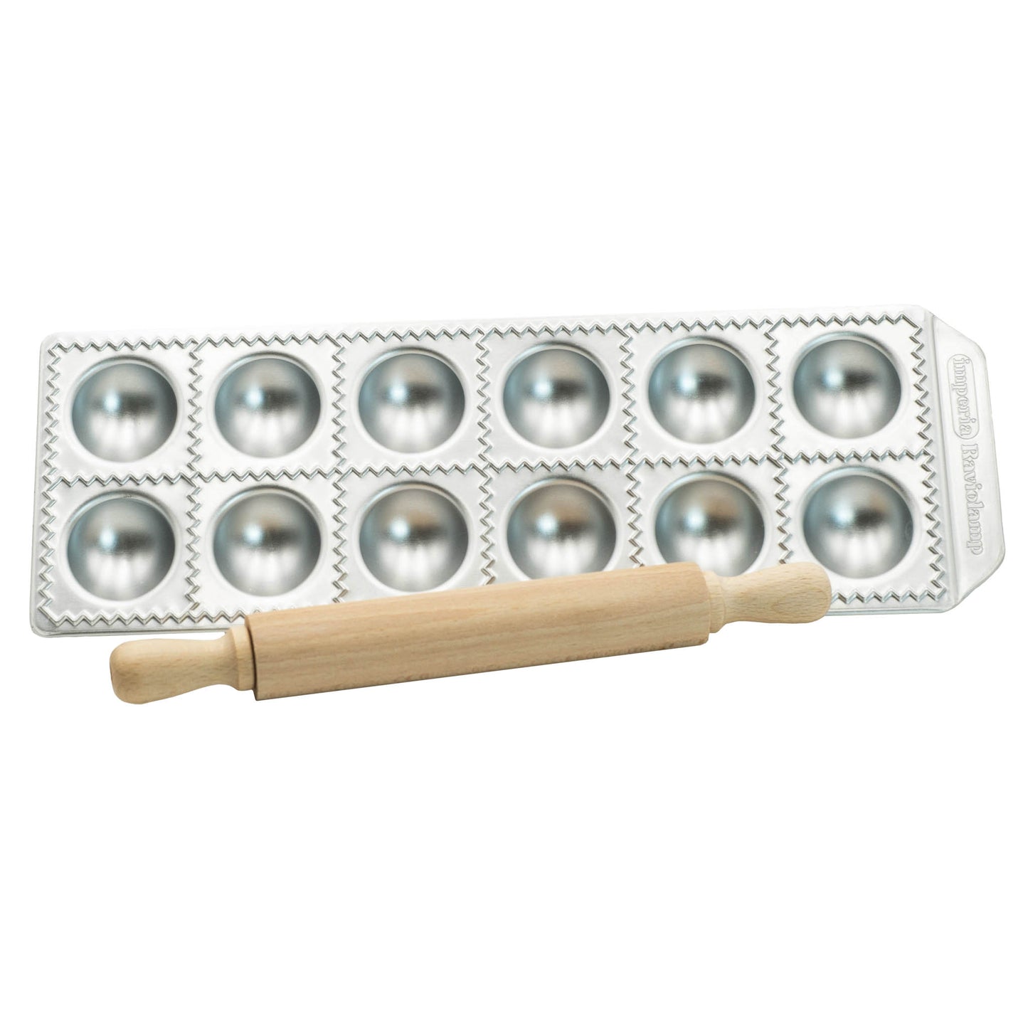 Imperia Ravioli mould with 12 large holes and a wooden rolling pin. 