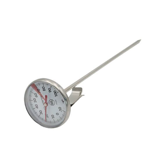 Large thermometer for milk frothing and cheese making. Has a clip to hold the thermometer to the jug or bowl. 