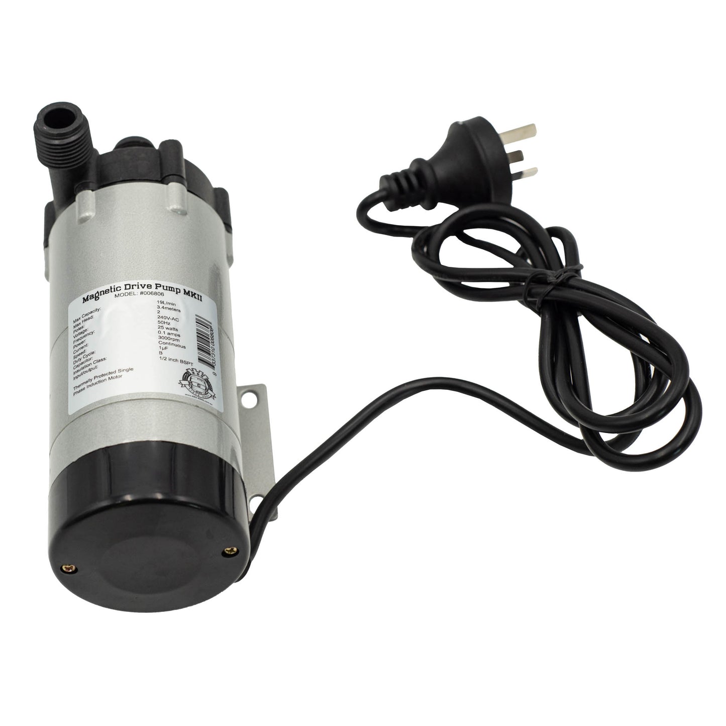 Magnet drive pump MKII model and specifications. Made from polysulfone as it is a tough, food-grade plastic rated up to 120C.