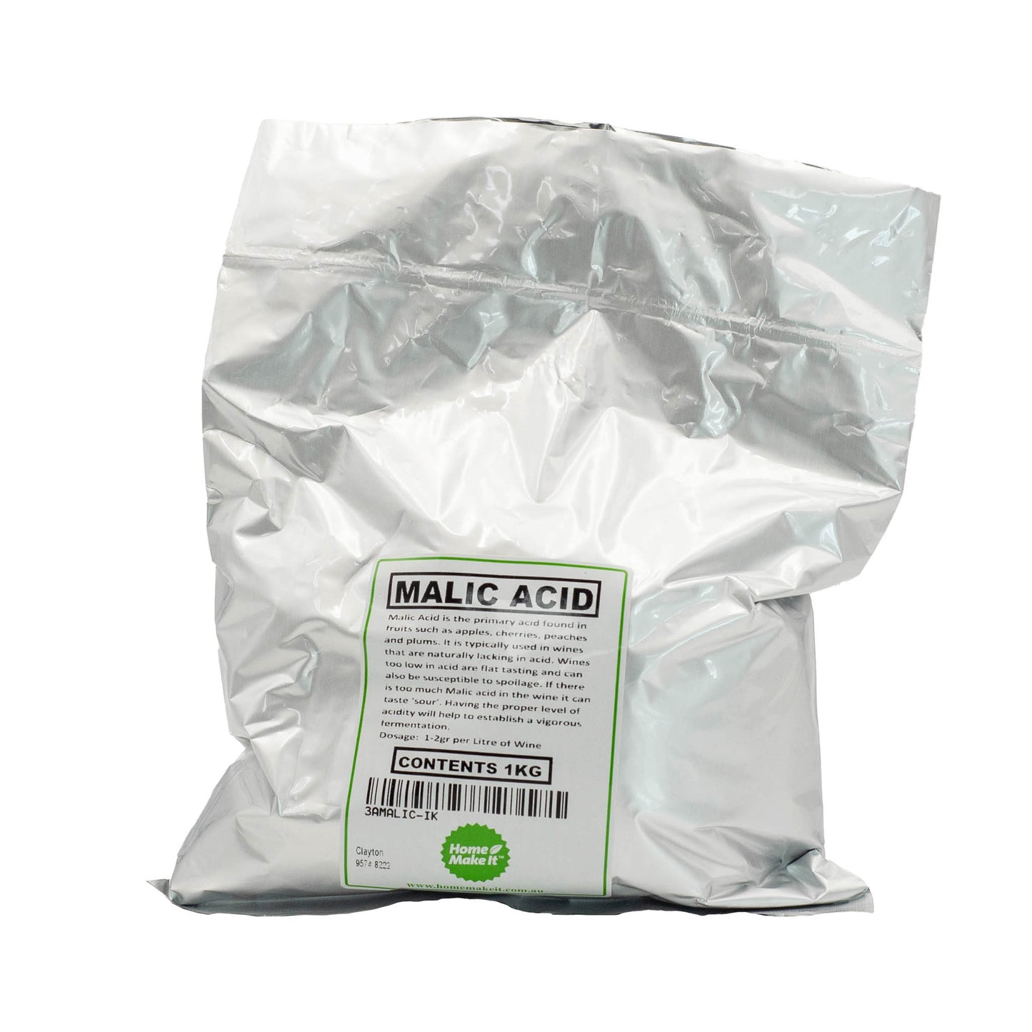 1kg bag of malic acid. Used in wines that are lacking in acid. 