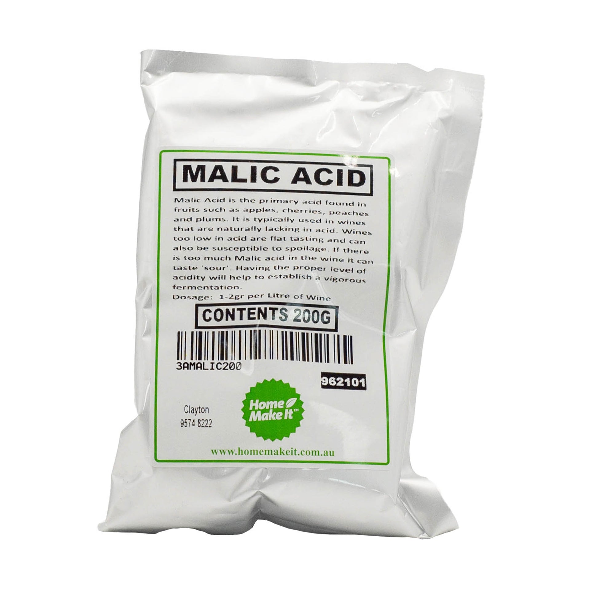 200g bag of malic acid. Used to treat wines with not enough acid. 