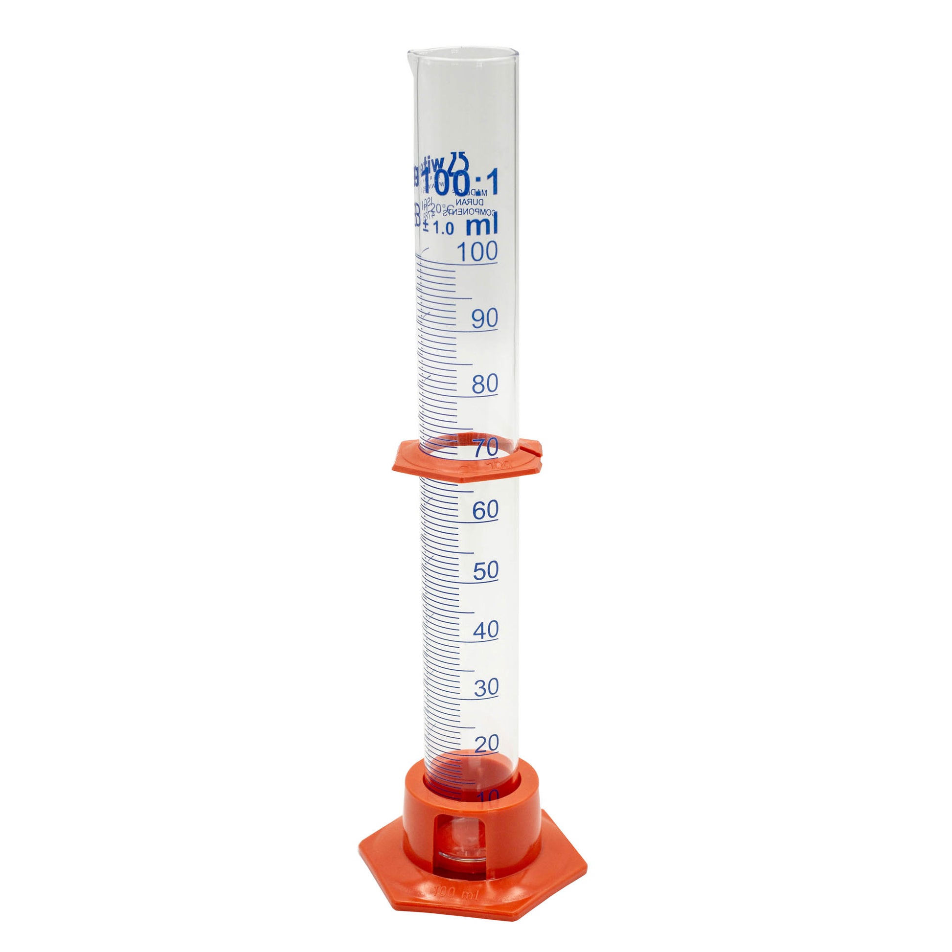 100ml glass measuring cylinder with plastic base and place holder. Measures in 1ml increments. 