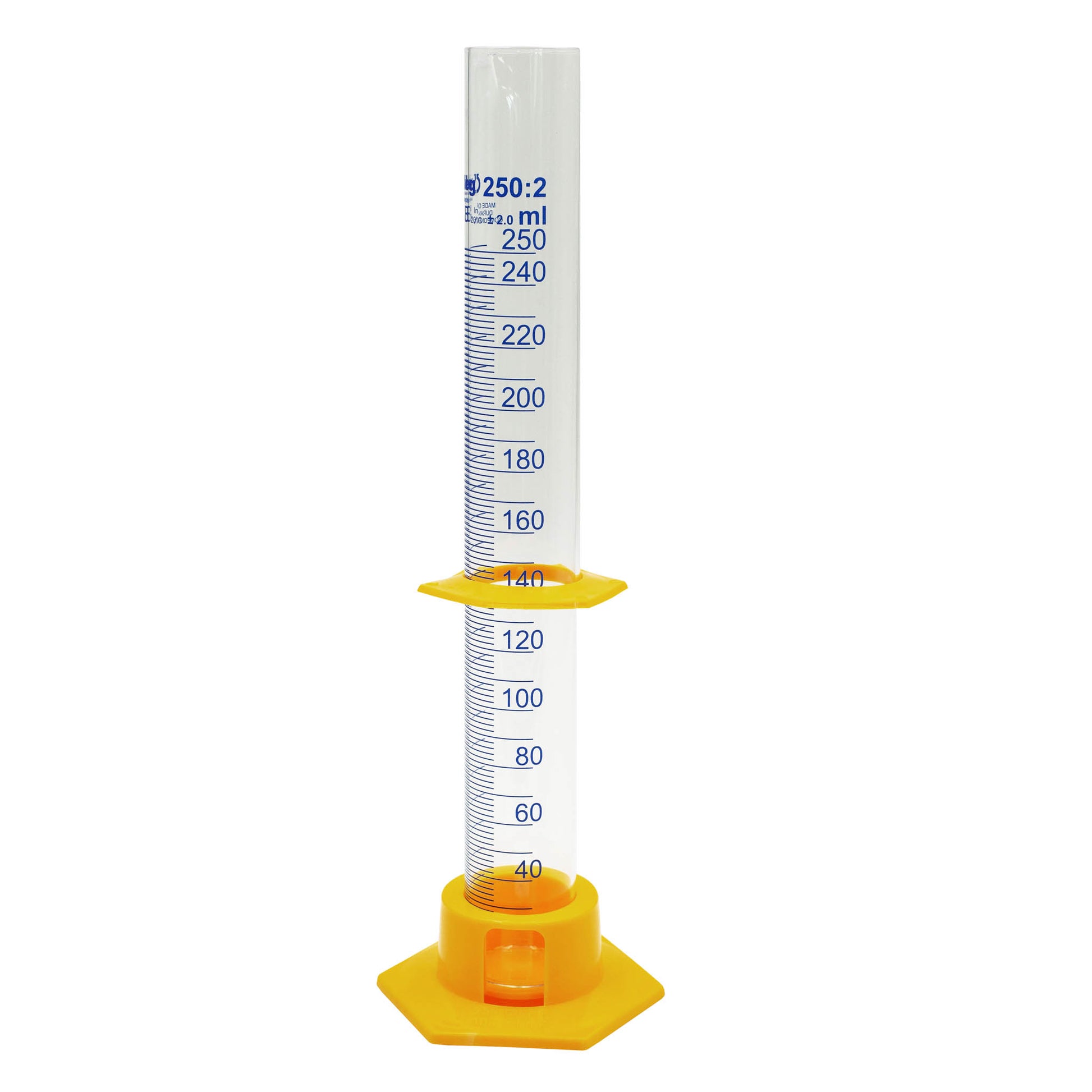 250ml glass measuring cylinder with plastic base and place holder. Measures in 2ml increments. 