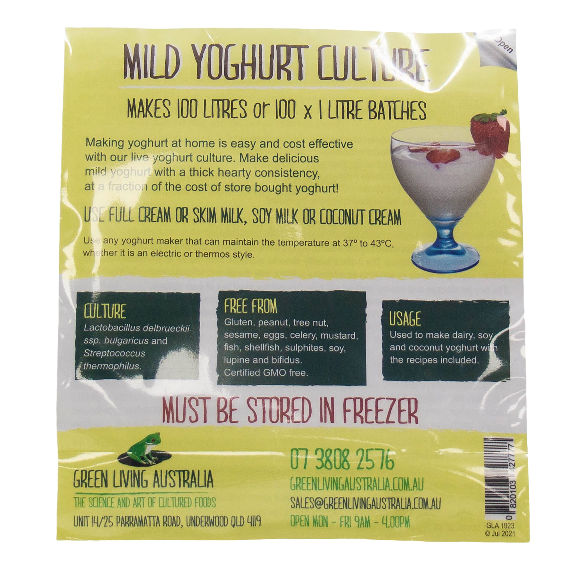 mild yoghurt culture for making 100 litres of mild yoghurt. Use full cream or skim milk, soy milk or coconut cream. 