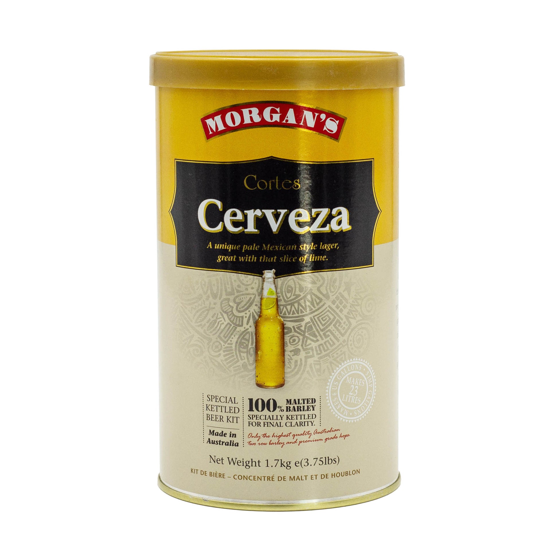 Morgans Premium Cortes Cerveza brew tin makes a pale Mexican style lager. 