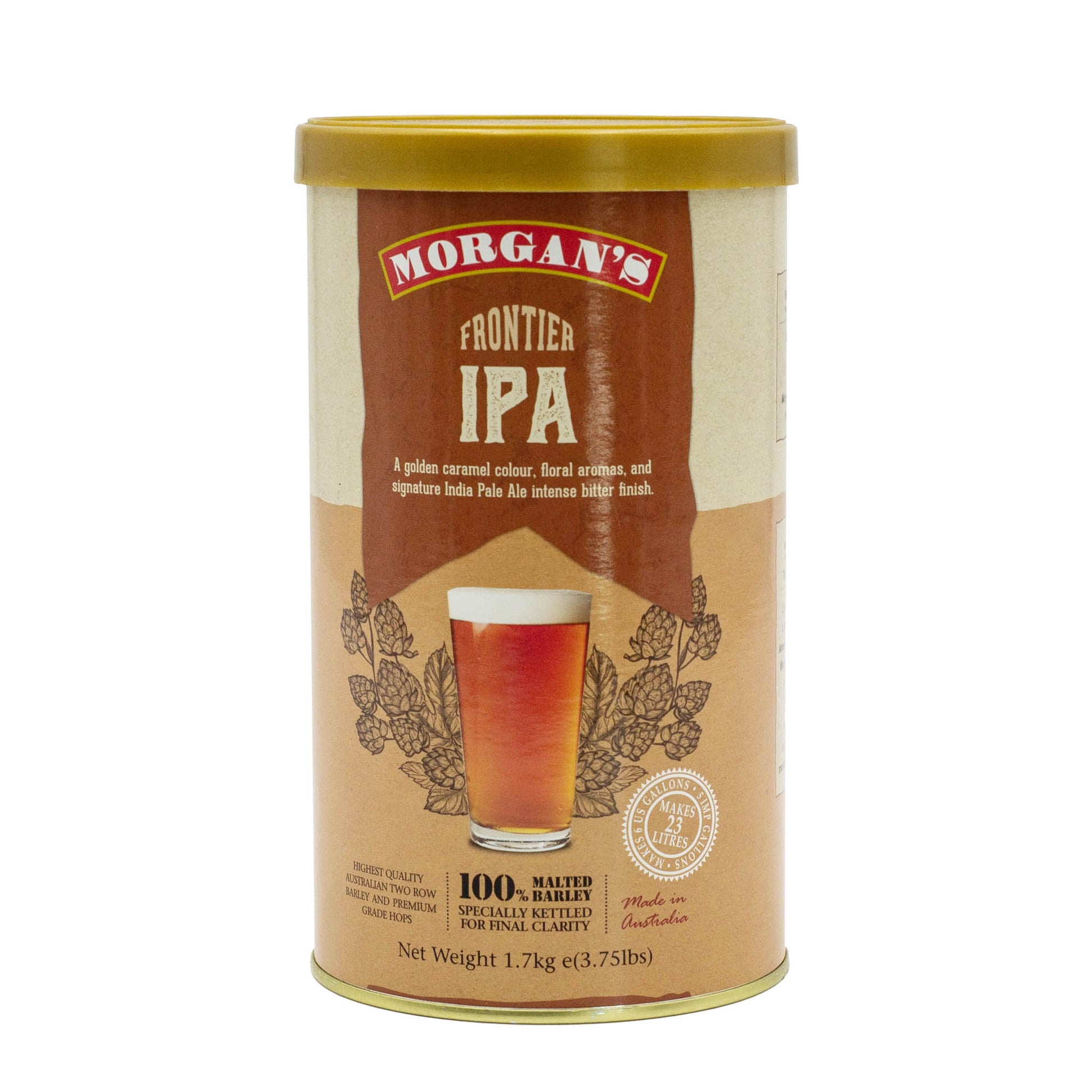 Morgans Ultra Premium frontier IPA brew tin makes a golden caramel beer with floral aromas and bitter finish. 