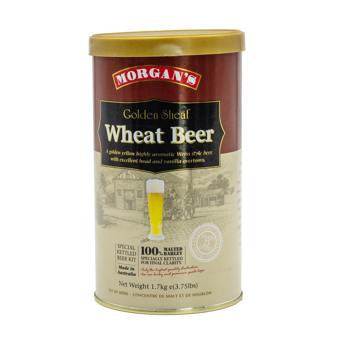 Morgans Premium Golden Sheaf wheat brew tin makes a Weiss style beer with an excellent head and vanilla overtones