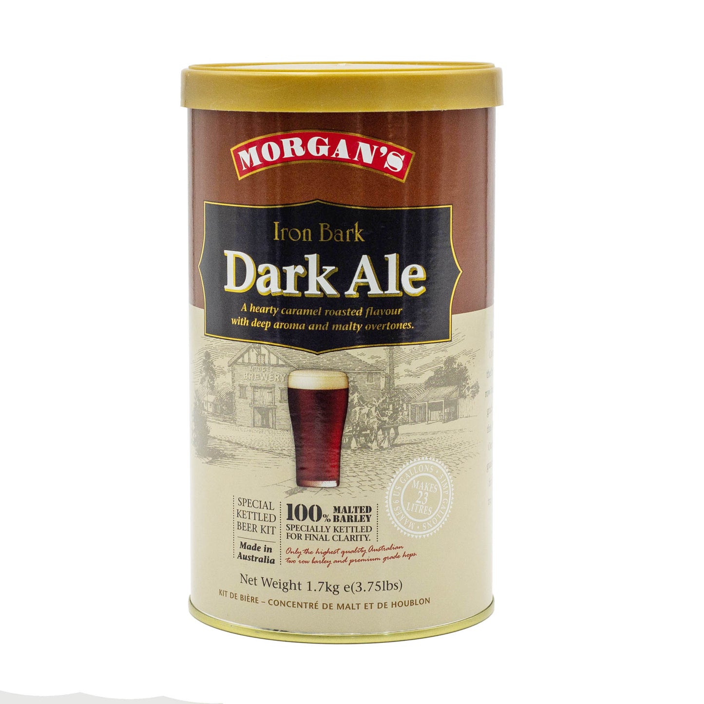 Morgans Premium Iron Bark Dark Ale brew tin makes a hearty caramel roasted flavoured beer with deep aroma and nutty overtones
