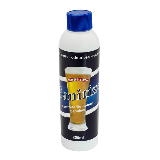 250ml bottle of Morgans Sanitizer, easy to use, odourless and no need to rinse. Its your complete equipment sanitiser.
