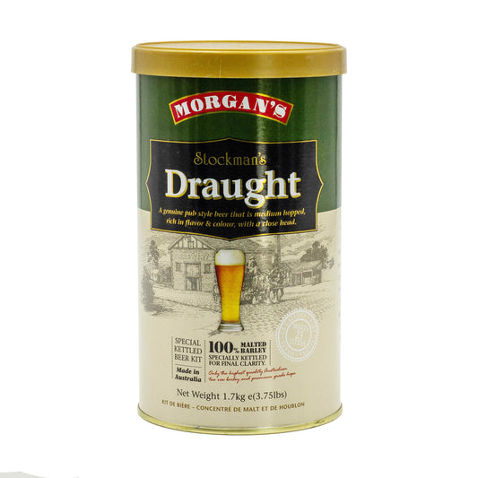 Morgans premium stockmans draught brew tin makes a medium hopped, rich in colour and flavour with a close head.
