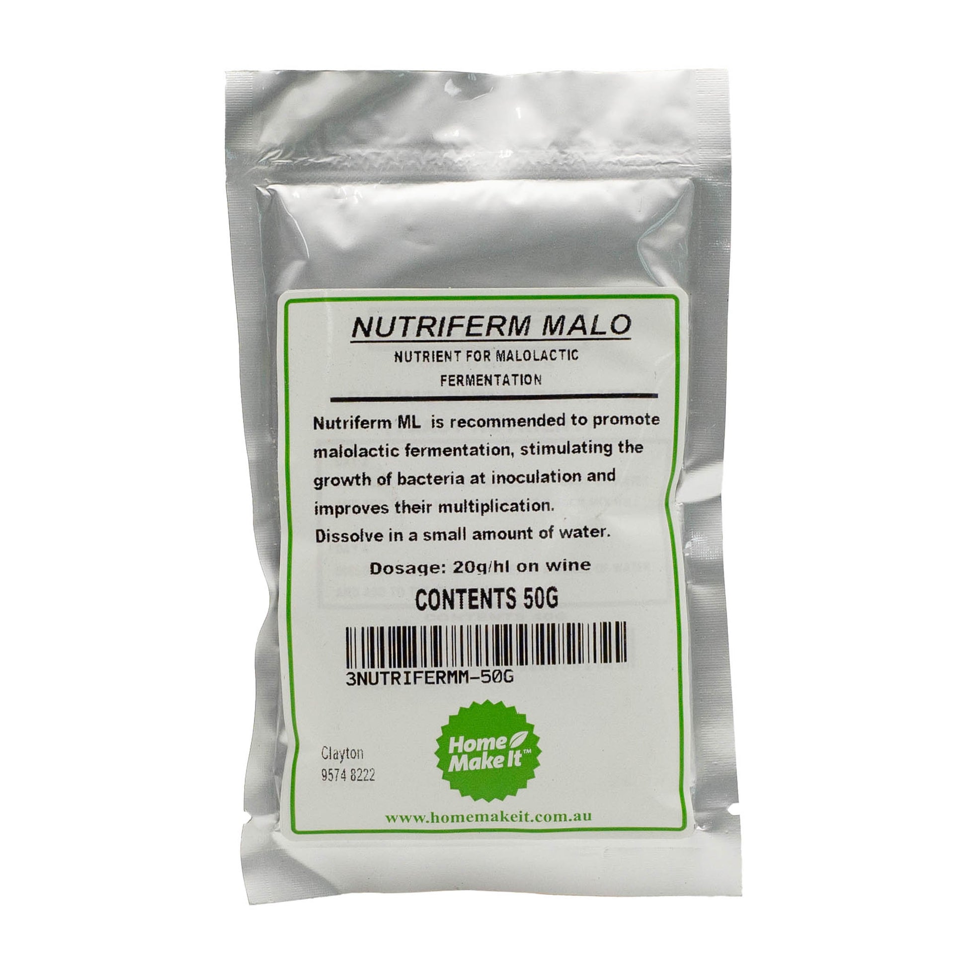 50g bag of nutriferm Malo to promote malolactic fermentation. 