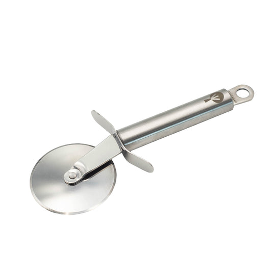 Stinaless steel pizza cutting wheel with sharpening cover.