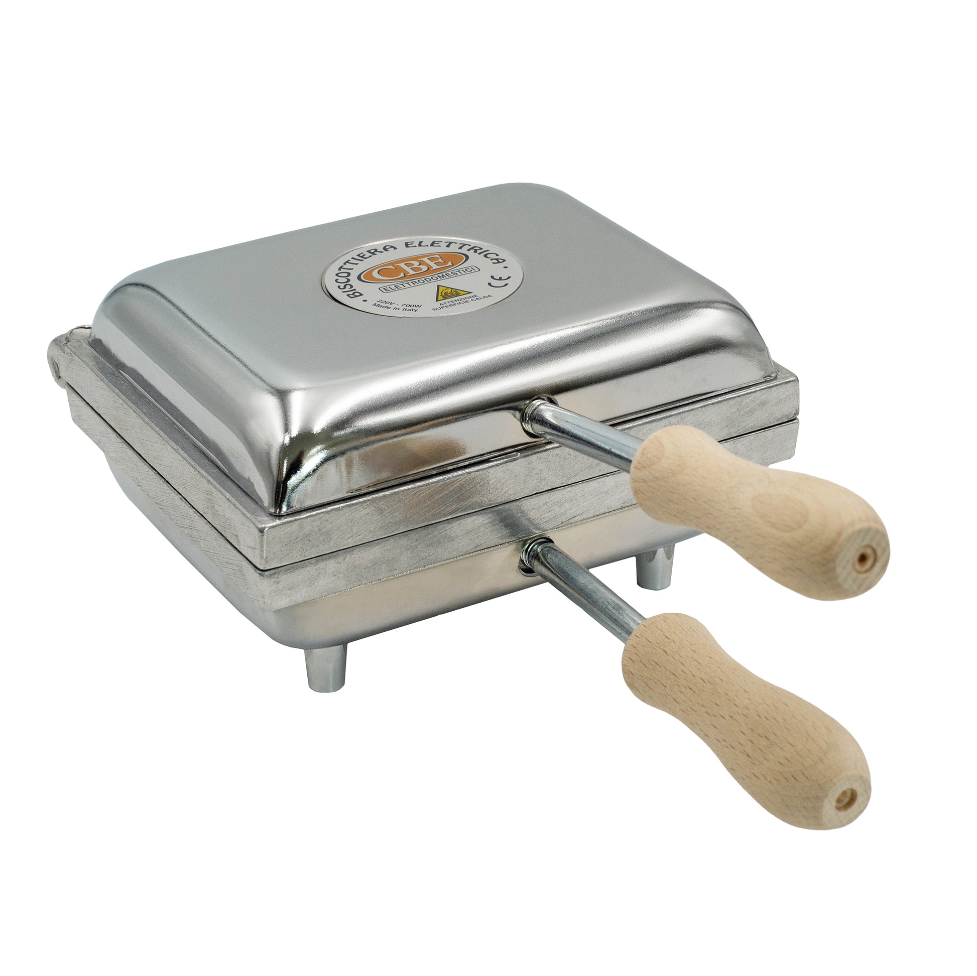 italian made electric pizzelle waffle maker, deep with two sections and wooden handles.