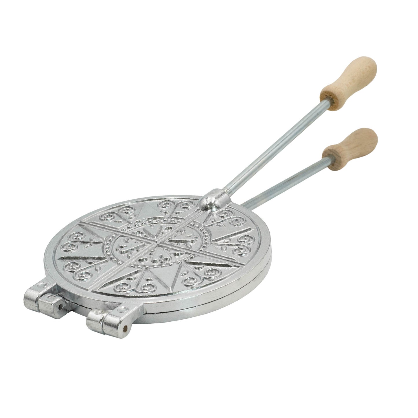 Round pizzelle mold with a 4 part Abruzzese pattern, for thin ferratelle on open flame, made with aluminium.