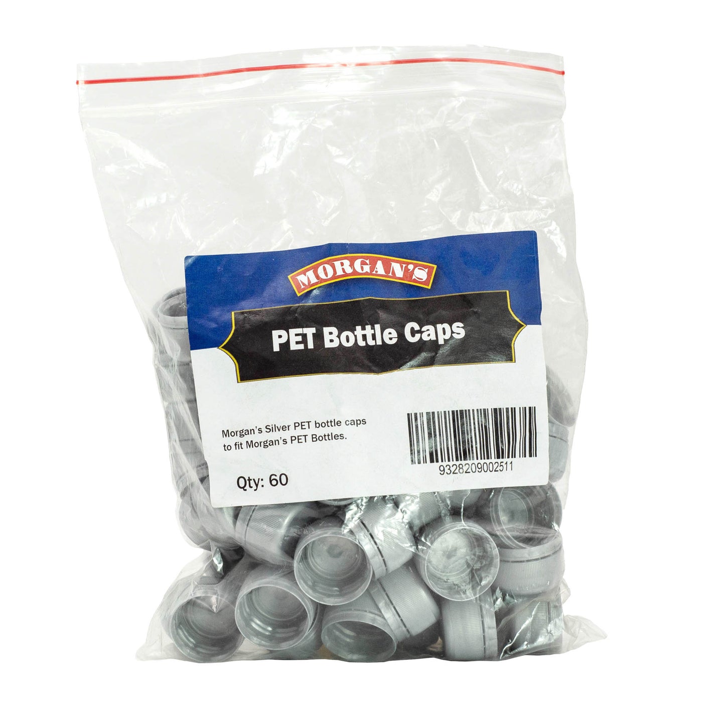 Bag of 60 grey plastic PET beer bottle caps. 