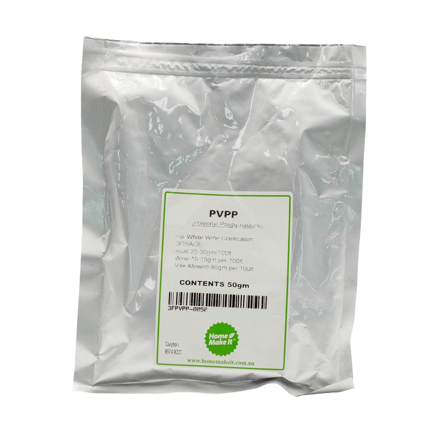 50g packet of PVPP, used for white wine clarification. 