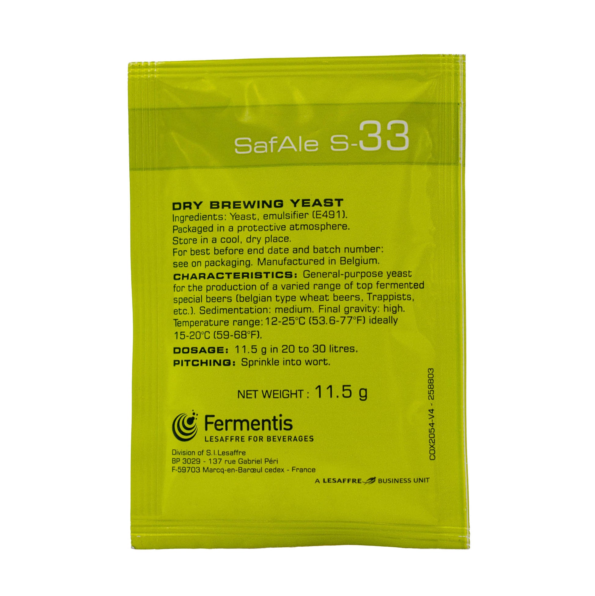Safale s 33 dry brewing yeast. recommended for specialty ales and Trappist type beers.