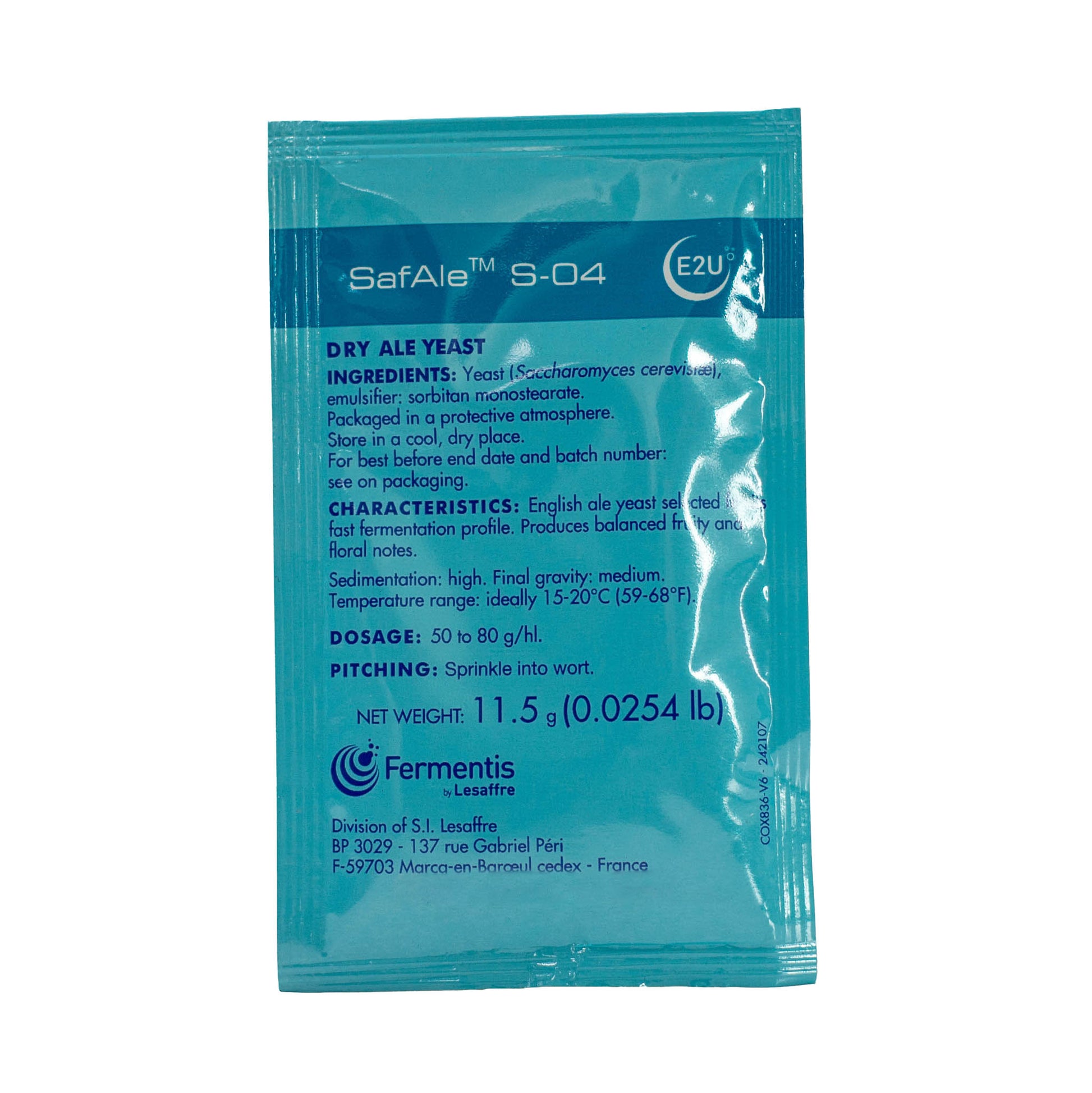 11.5g packet of Safale s 04 dry ale yeast. This yeast is recommended for the production of a large range of ale beers and is specially well adapted to cask-conditioned ales and fermentation in cylindroconical tanks. 