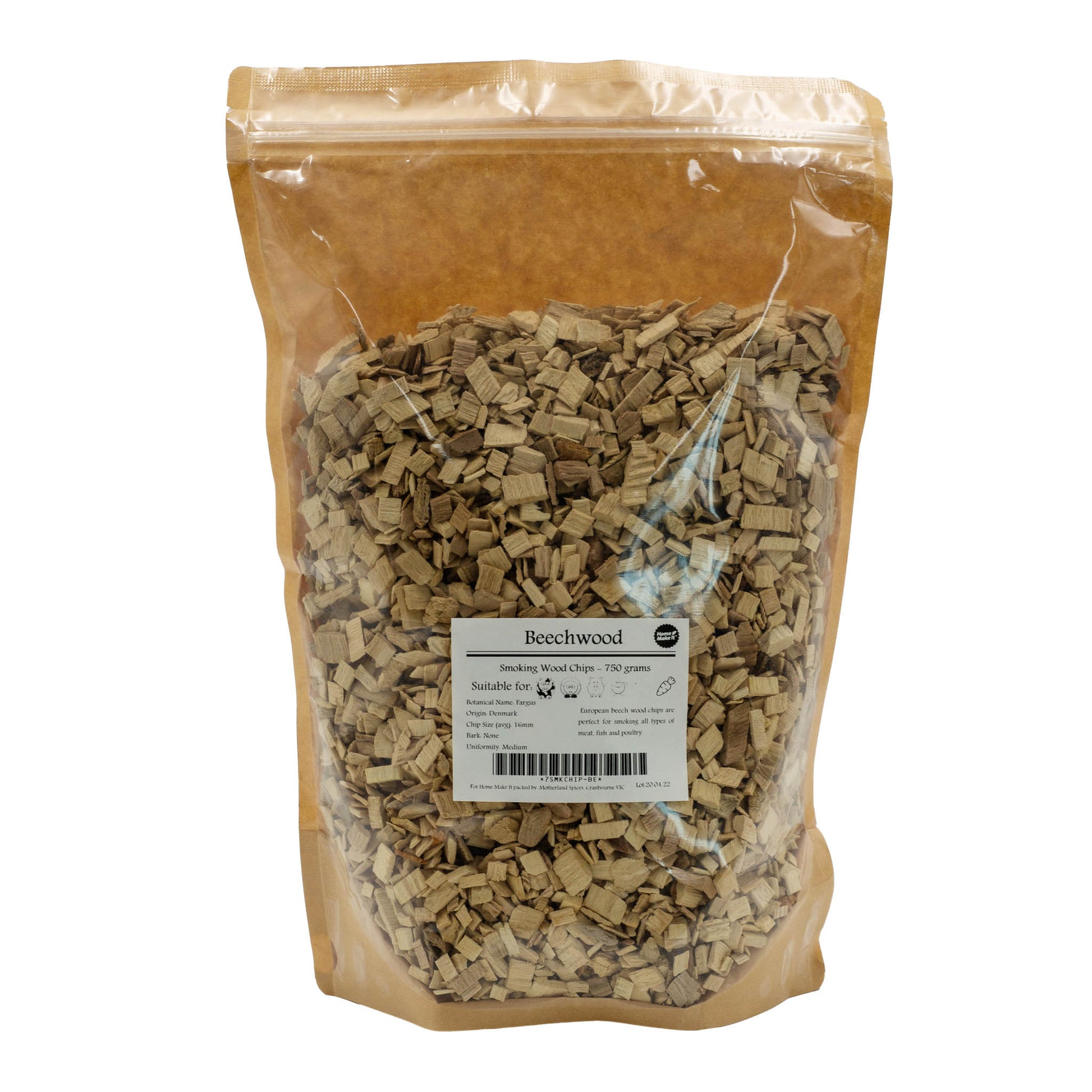 750 gram bag of beechwood smoking chips. Perfect for all types of meat, fish and poultry. 