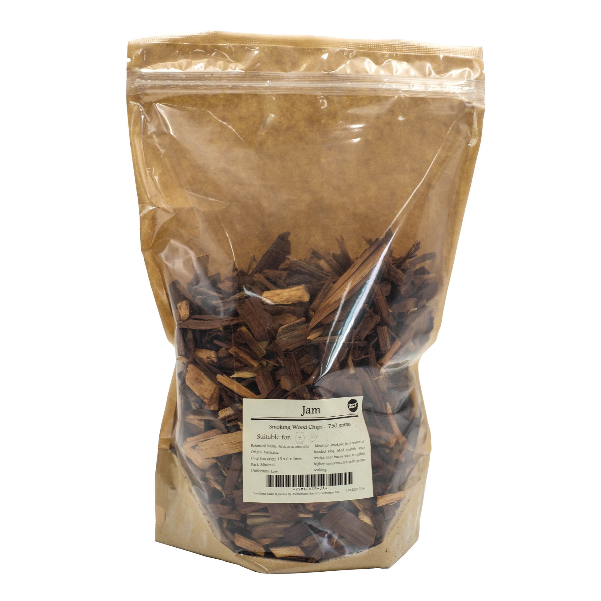 750 gram bag of Jam smoking wood chips. burns at higher temperatures and perfect for pork and poultry. 