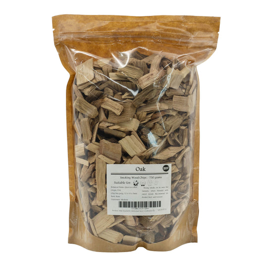 750 gram bag of Oak wood chips. Strong smoking chips best suited to brisket, beef and venison. 