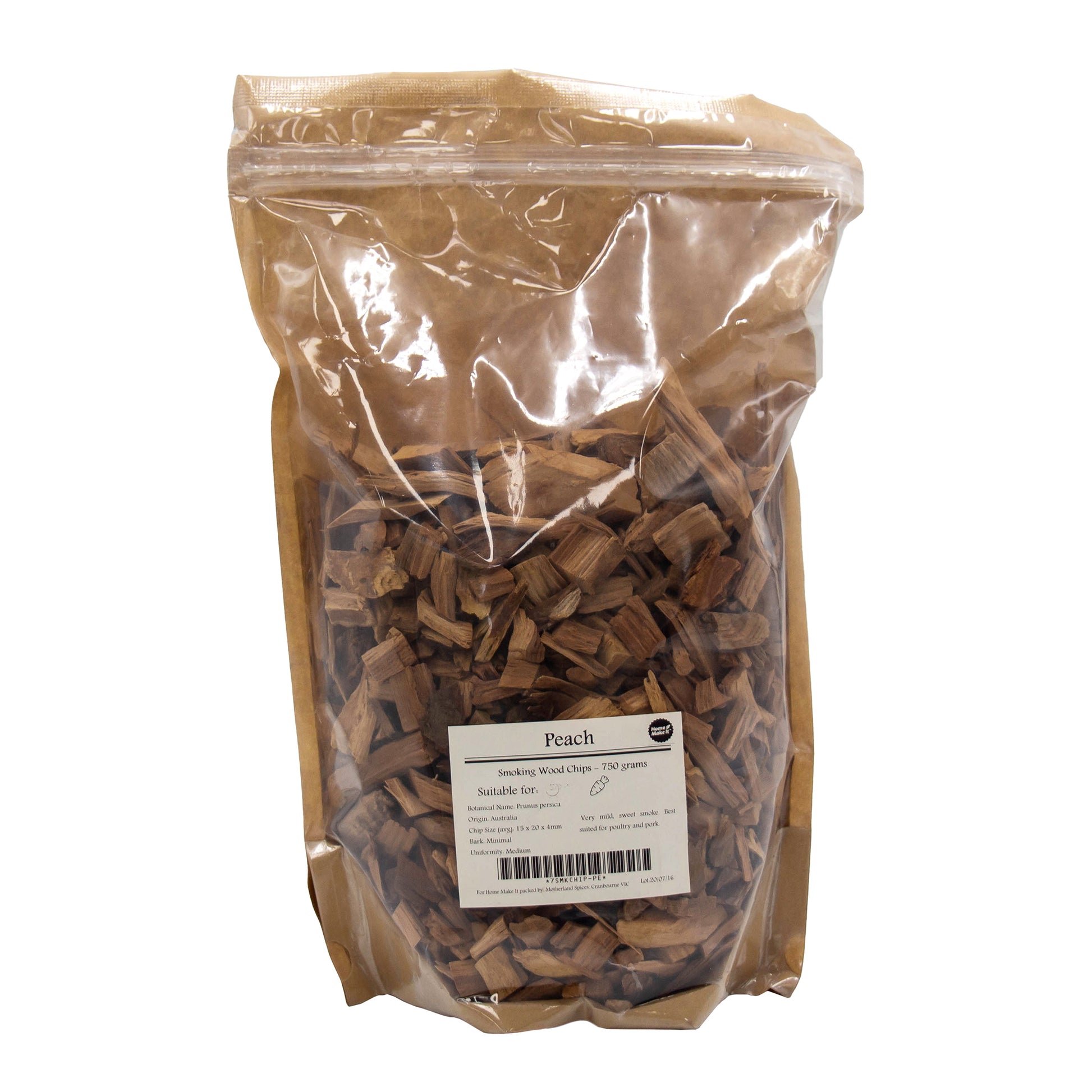 750g bag of Peach wood chips for smoking meats
