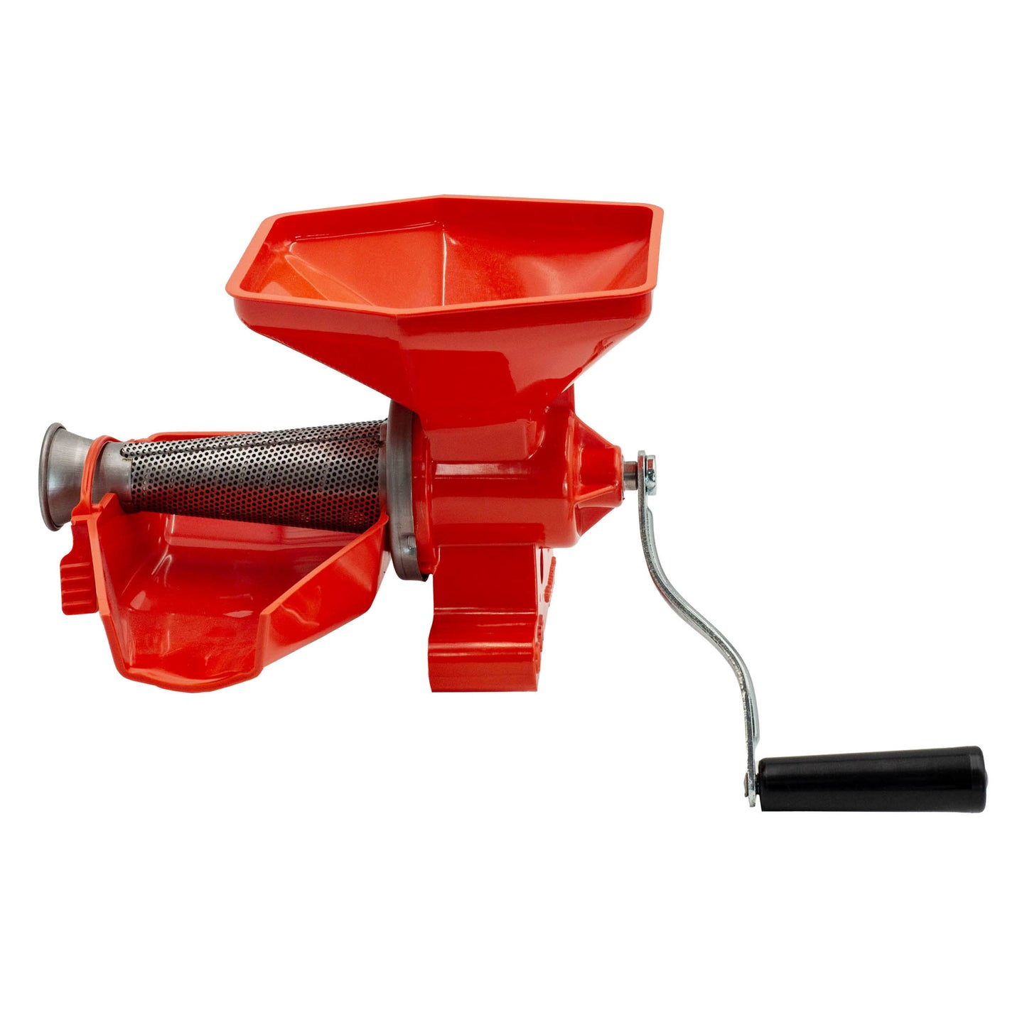 SP2 manual passata machine by Fabio Leonardi. Made with food grade plastic, stainless steel and cast iron. Made for mincing tomatoes to make passata. 